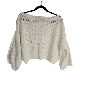Suzy D London Creamy White Open Knit Boat Neck Balloon Sleeve Cropped Sweater L